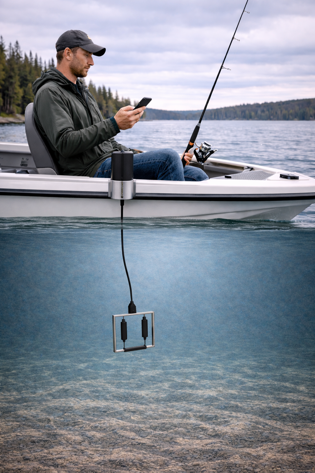 Nemo's Eye prototype — controller box on gunwale with cable and submerged sensor cradle