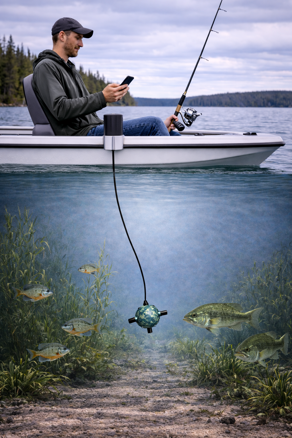 Nemo's Eye concept — above and below water split view with fish visible beneath the surface